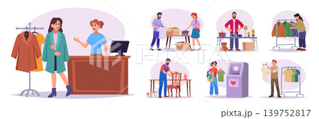 Second hand. Vintage clothes selling used items exact vector illustrations 139752817
