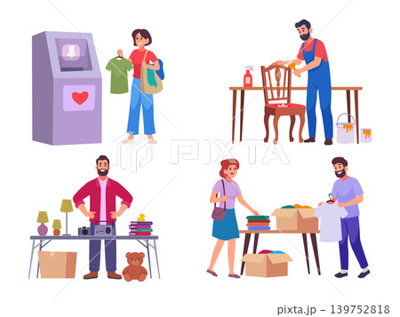 Second hand. Selling old fashioned clothes and different used items exact vector shopping concept illustrations Second hand. Selling old fashioned clothes and different used items exact vector shopping concept illustrations 139752818