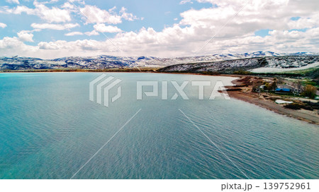Aerial View of Turquoise Shoreline and Snowy Mountains Bear Lake Utah USA Aerial View of Turquoise Shoreline and Snowy Mountains Bear Lake Utah USA 139752961