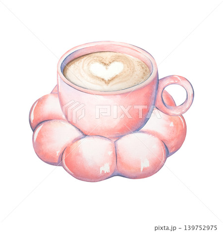 A pink watercolor-painted mug with a coffee and latte design and saucer. A separate hand-painted pastel cup. A ceramic porcelain tea set for hot drinks, perfect for menus, coffee shops, and cafes. A pink watercolor-painted mug with a coffee and latte design and saucer. A separate hand-painted pastel cup. A ceramic porcelain tea set for hot drinks, perfect for menus, coffee shops, and cafes. 139752975