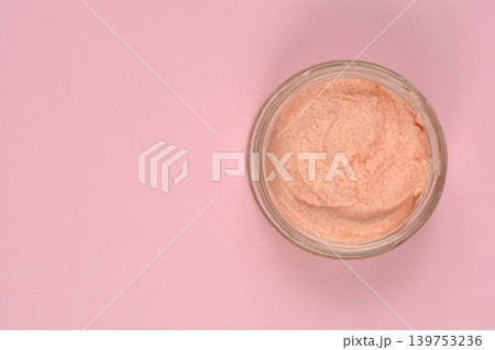 Salmon and fish roe spread in a jar on pink background 139753236
