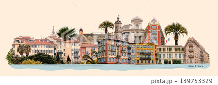 A view over the old town of Nice. Panorama of the old town Vieux Nice with its characteristic colored buildings. Art design 139753329
