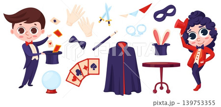 Child magician. Adorable cartoon circus show artist and equipment. Fortune teller ball, mask and cylinder with bunny ears, flying cards, nowaday vector clipart Child magician. Adorable cartoon circus show artist and equipment. Fortune teller ball, mask and cylinder with bunny ears, flying cards, nowaday vector clipart 139753355