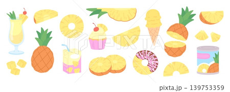 Juicy pineapple food. Sweet pineapples desserts, fresh fruit slices and cubes. Fruits ice cream or sorbet, juice, cocktail, chocolate covered circle, racy vector clipart Juicy pineapple food. Sweet pineapples desserts, fresh fruit slices and cubes. Fruits ice cream or sorbet, juice, cocktail, chocolate covered circle, racy vector clipart 139753359