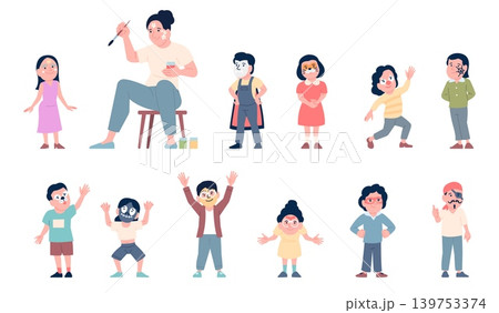 Kids face paint. Boys girls and artist with water paints drawing different masks on faces. Children festival or party, birthday celebration, recent creative vector set 139753374