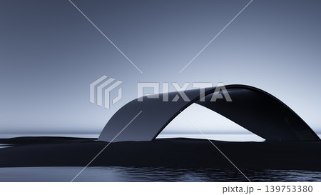 3D render, Abstract black curved bridge over reflective water in minimalist futuristic landscape concept 3D render, Abstract black curved bridge over reflective water in minimalist futuristic landscape concept 139753380
