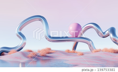 3d render, Abstract metallic tube with pink sphere on pastel desert landscape and water 139753381
