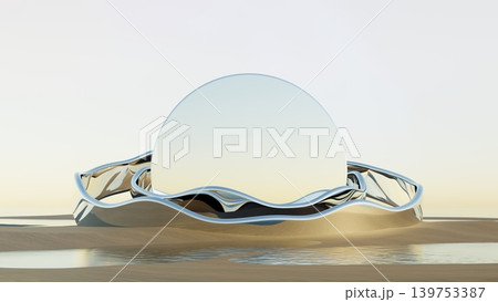 3D render, Abstract glass sphere with metallic wave structure on desert landscape and water 139753387