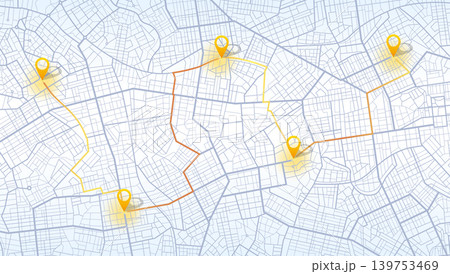 GPS navigator screen with street roads and location, destination points City top view. Online navigation. Flat style, Vector, illustration isolated. Urban highway plan, final destination 139753469