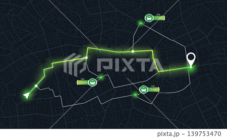 Green neon navigation path on dark city map with taxi time indicators and alternate routes. Vector illustration. Green neon navigation path on dark city map with taxi time indicators and alternate routes. Vector illustration. 139753470