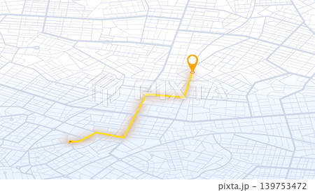 Isometric white city street plan showing orange delivery route and destination pin for gps tracking. Vector illustration. Isometric white city street plan showing orange delivery route and destination pin for gps tracking. Vector illustration. 139753472