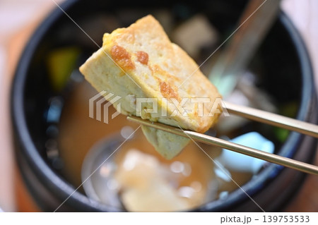 Pan fried Tofu Side Dish Served in Traditional Korean food 139753533
