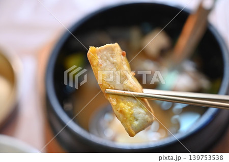Pan fried Tofu Side Dish Served in Traditional Korean food 139753538