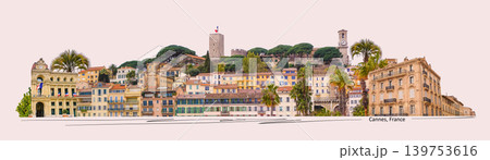Cannes, France. Panoramic view of the castle and historical buildings of the old town - collage Cannes, France. Panoramic view of the castle and historical buildings of the old town - collage 139753616