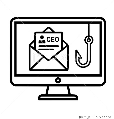CEO fraud and business email compromise BEC cyber attack icon, minimalist line art of computer monitor showing mail envelope with executive profile and fish hook for corporate social engineering scam 139753628