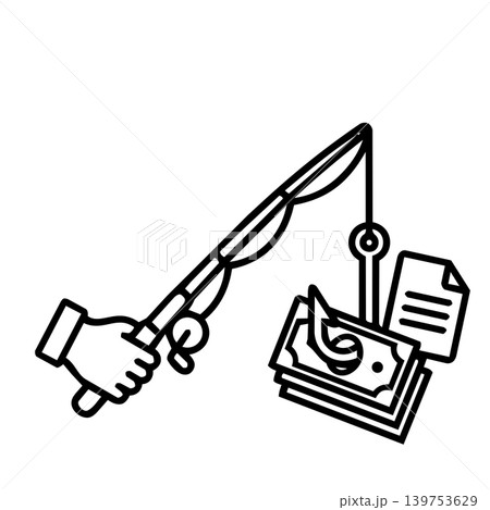 Financial phishing and money bait cyber attack icon, minimalist line art of hand holding fishing rod catching cash bill and contract document for invoice scam, and corporate fraud concept. 139753629