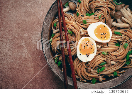 buckwheat noodles, soba, with shimeji mushrooms, boiled egg, green onion, sesame seeds, homemade, no people, 139753655