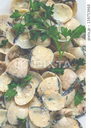 vongole clams, in cream sauce, on a white plate, homemade, top view, no people, vongole clams, in cream sauce, on a white plate, homemade, top view, no people, 139753668