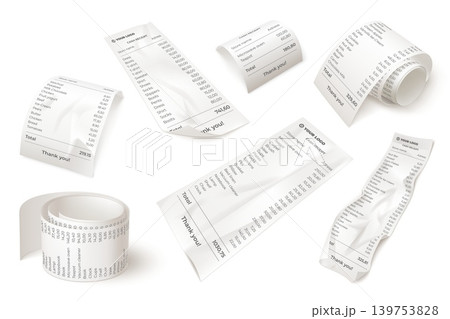 Realistic receipt bills. 3d purchase paper check crumpled paper invoice supermarket shop cashier list pos machine payment print voucher cheque ticket set garish vector illustration 139753828