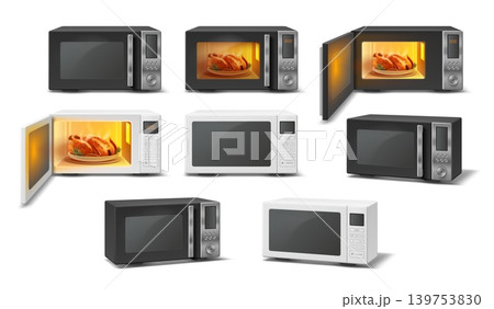 Realistic microwave oven. 3d ovens kitchen home appliance white electric machine glass open close door digital timer button hot food inside heater mockup garish vector illustration 139753830