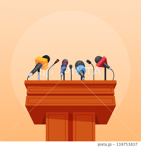 Podium press conference. Stand tribune microphone, public speech stage debate Interview mic media live news talk show television radio journalist qualitative vector illustration Podium press conference. Stand tribune microphone, public speech stage debate Interview mic media live news talk show television radio journalist qualitative vector illustration 139753837