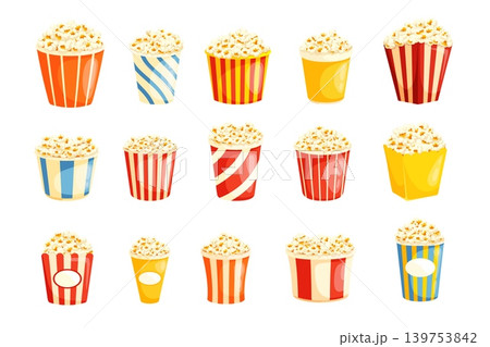 Cartoon popcorn cups. Pop corn buckets, cinema theater holiday snack in cardboard cup small big paper box sweet salt cornes bucket tv entertainment food, kicky vector illustration Cartoon popcorn cups. Pop corn buckets, cinema theater holiday snack in cardboard cup small big paper box sweet salt cornes bucket tv entertainment food, kicky vector illustration 139753842