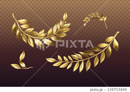 Golden laurel branch. Realistic Gold olive tree branch with leaves, winner wreath leaf luxury award jewelry metal logo vintage antique decoration foliage exact vector illustration Golden laurel branch. Realistic Gold olive tree branch with leaves, winner wreath leaf luxury award jewelry metal logo vintage antique decoration foliage exact vector illustration 139753849
