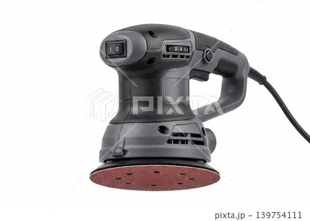 High-detail photo of a random orbital sander with sanding disc, speed control, and power cord isolated on white background. Ideal for woodworking, polishing, finishing, renovation, and repair use. High-detail photo of a random orbital sander with sanding disc, speed control, and power cord isolated on white background. Ideal for woodworking, polishing, finishing, renovation, and repair use. 139754111