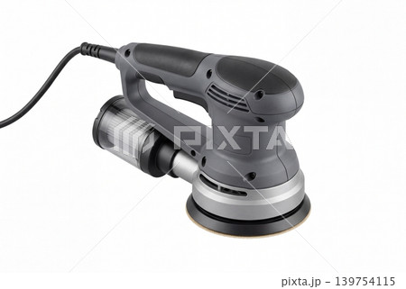Portable electric orbital sander with dust collection container isolated on white background. Professional woodworking, furniture finishing, renovation, polishing and DIY tool concept. Portable electric orbital sander with dust collection container isolated on white background. Professional woodworking, furniture finishing, renovation, polishing and DIY tool concept. 139754115