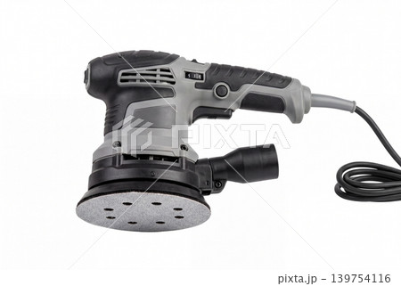 Corded random orbital sander with round abrasive pad and dust outlet isolated on white background. Professional woodworking, surface finishing, repair, renovation and DIY tool concept. Corded random orbital sander with round abrasive pad and dust outlet isolated on white background. Professional woodworking, surface finishing, repair, renovation and DIY tool concept. 139754116