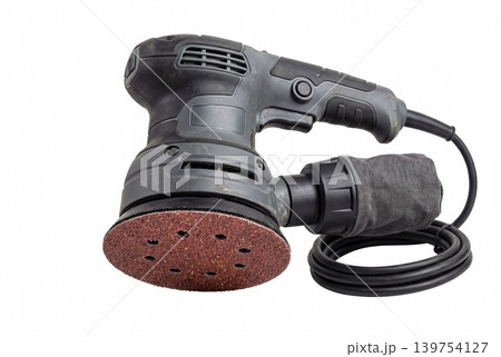 Black random orbital sander with abrasive disc, dust bag and power cord isolated on white background. Professional woodworking tool for sanding, finishing, renovation, repair and DIY projects. Black random orbital sander with abrasive disc, dust bag and power cord isolated on white background. Professional woodworking tool for sanding, finishing, renovation, repair and DIY projects. 139754127