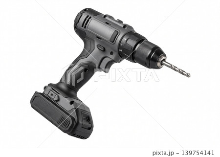 Modern cordless drill driver with attached drill bit isolated on white background. Professional power tool for drilling, repair, construction, installation, woodworking and DIY projects. 139754141