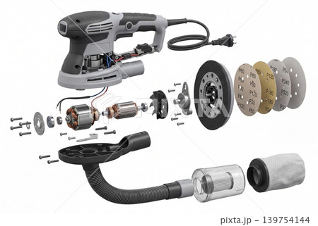 Detailed exploded view of an electric orbital sander with internal parts, sanding discs, dust bag, hose, screws, and motor components isolated on white background for repair and engineering concepts. 139754144
