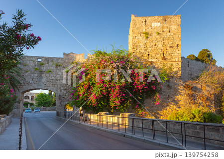 Historic stone walls and flowering plants in Rhodes Old Town Greece Historic stone walls and flowering plants in Rhodes Old Town Greece 139754258