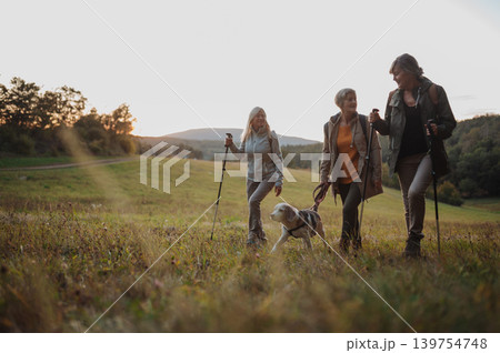 Senior women friends trekking together during evening nature walk. Senior women friends trekking together during evening nature walk. 139754748