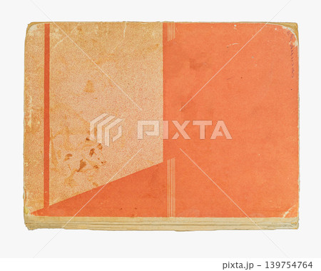 Vintage paper background with orange print, worn edges, stains, fold marks, geometric blocks, vertical lines, copy space for design. Natural backdrop for cover, template, layout composition 139754764