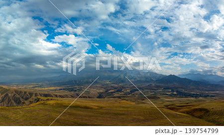 Panoramic Mountain Landscape with Valley and Village in Kyrgyzstan Panoramic Mountain Landscape with Valley and Village in Kyrgyzstan 139754799