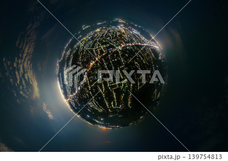 Aerial view of Cityscape Globe at Night with Stars and Clouds, little planet projection Aerial view of Cityscape Globe at Night with Stars and Clouds, little planet projection 139754813