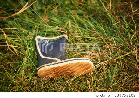 Boot, grass and outdoor with nature, day and lost with environment, sunshine and countryside. Outside, empty and single shoe with footwear, ground and missing with field and abandon with summer Boot, grass and outdoor with nature, day and lost with environment, sunshine and countryside. Outside, empty and single shoe with footwear, ground and missing with field and abandon with summer 139755105