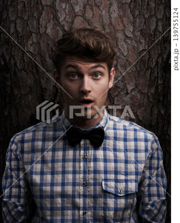 Fashion, surprise and portrait of man in nature for news, hipster and trendy style Shocked, wow and announcement with face of young person in outdoor for notification, alert and facial expression Fashion, surprise and portrait of man in nature for news, hipster and trendy style Shocked, wow and announcement with face of young person in outdoor for notification, alert and facial expression 139755124