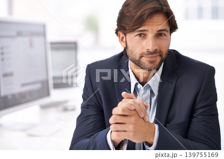Smile, pride and portrait of businessman in office with positive, good and confident attitude. Happy, legal career and professional male attorney sitting at desk in modern law firm workplace. Smile, pride and portrait of businessman in office with positive, good and confident attitude. Happy, legal career and professional male attorney sitting at desk in modern law firm workplace. 139755169