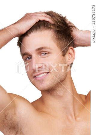 Hair care, man and portrait with smile in studio for shampoo, treatment and wellness aesthetic with hands. Grooming, face and person with haircare routine, cosmetic and hygiene on white background 139755178