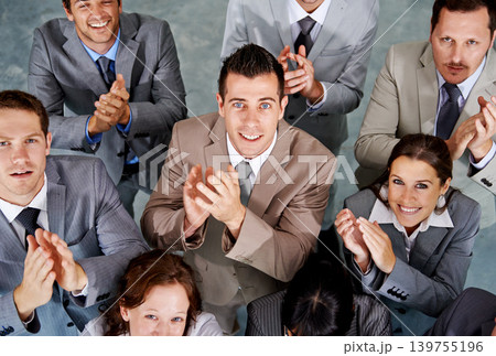 Portrait, applause or professional people celebration, praise or congratulations for winning success, achievement or victory. Deal, top view group and team celebrate, clapping and winner announcement Portrait, applause or professional people celebration, praise or congratulations for winning success, achievement or victory. Deal, top view group and team celebrate, clapping and winner announcement 139755196