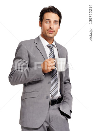 Portrait, coffee cup and business man in studio with confidence, break or attitude on white background. Morning, start and face of young male entrepreneur with tea, pride and corporate while isolated Portrait, coffee cup and business man in studio with confidence, break or attitude on white background. Morning, start and face of young male entrepreneur with tea, pride and corporate while isolated 139755214