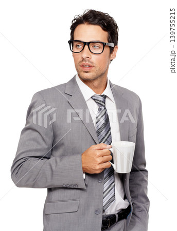 Coffee cup, thinking and business man in studio with glasses, confidence or attitude on white background. Morning, start and face of male entrepreneur with tea, pride and drink while isolated 139755215