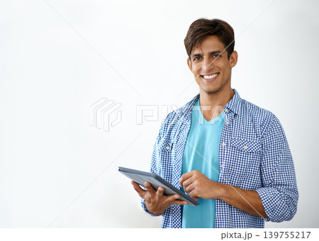 White background, tablet and portrait of business man for contact, social media and website. Professional, company and worker on digital tech for internet, research and online networking in studio White background, tablet and portrait of business man for contact, social media and website. Professional, company and worker on digital tech for internet, research and online networking in studio 139755217