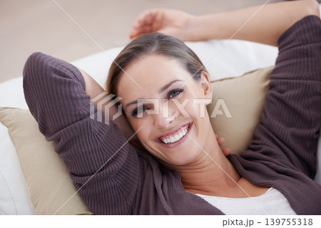 Happy woman, relax and portrait in home, couch for positive, satisfaction and mindset. Leisure, calm and weekend with female person, house and joy, carefree and comfortable alone on sofa for rest Happy woman, relax and portrait in home, couch for positive, satisfaction and mindset. Leisure, calm and weekend with female person, house and joy, carefree and comfortable alone on sofa for rest 139755318