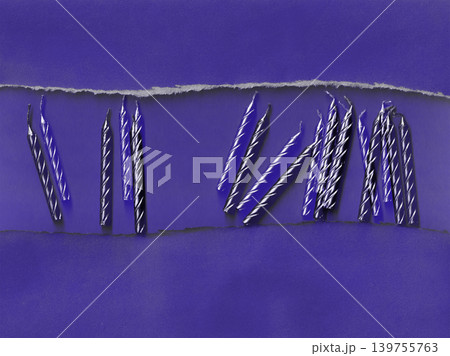 Creative monochrome composition with twisted birthday candles on torn purple paper background. Minimal trendy design with shadows and texture for celebration, branding and modern stock content. Creative monochrome composition with twisted birthday candles on torn purple paper background. Minimal trendy design with shadows and texture for celebration, branding and modern stock content. 139755763
