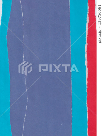 Vertical abstract composition of blue, turquoise and red paper strips. Features a torn paper edge effect between layered elements for creative minimalist design and professional paper craft art. Vertical abstract composition of blue, turquoise and red paper strips. Features a torn paper edge effect between layered elements for creative minimalist design and professional paper craft art. 139756061