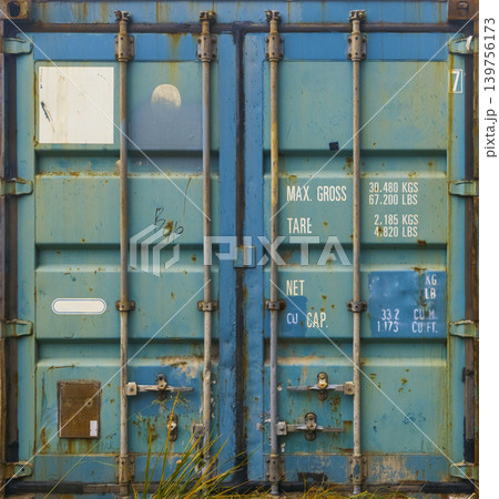 Detailed shot of weathered industrial container doors flanked by tall grass and moody lighting Detailed shot of weathered industrial container doors flanked by tall grass and moody lighting 139756173